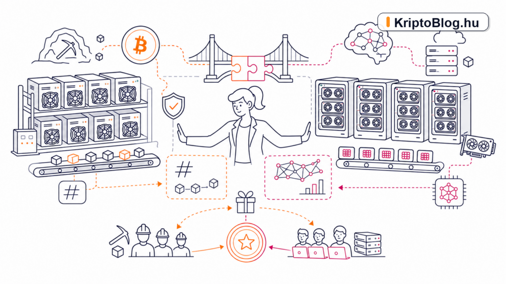 KriptoBlog.hu borítókép Bitcoin hashpower ASIC bányászat decentralizált AI compute és ösztönzési modell illusztráció