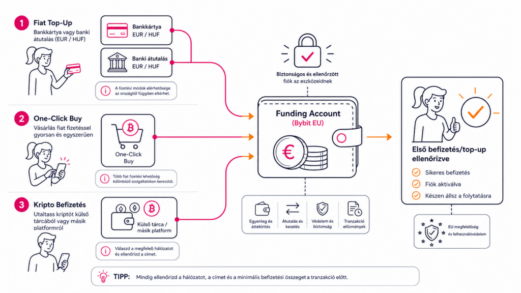 Bybit EU első befizetés fiat top-up One-Click Buy és kripto deposit útvonalakkal
