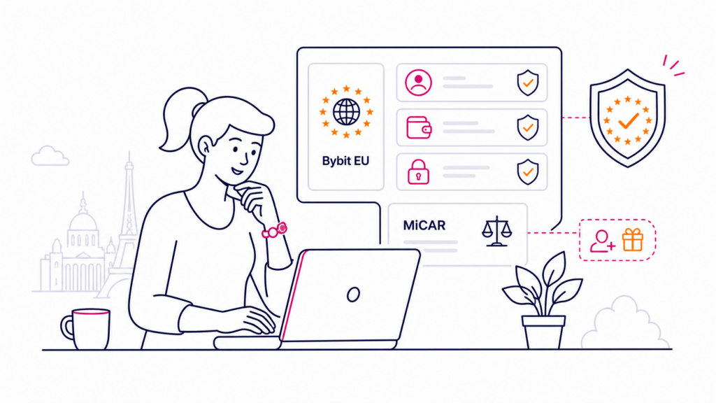 Bybit EU és MiCAR témájú vonalas illusztráció magyar kriptós útmutatóhoz