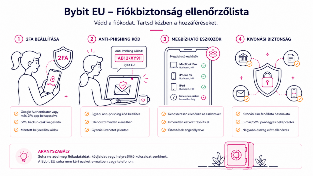 Bybit EU fiókbiztonság 2FA anti-phishing és kiutalási védelem ellenőrzőlista