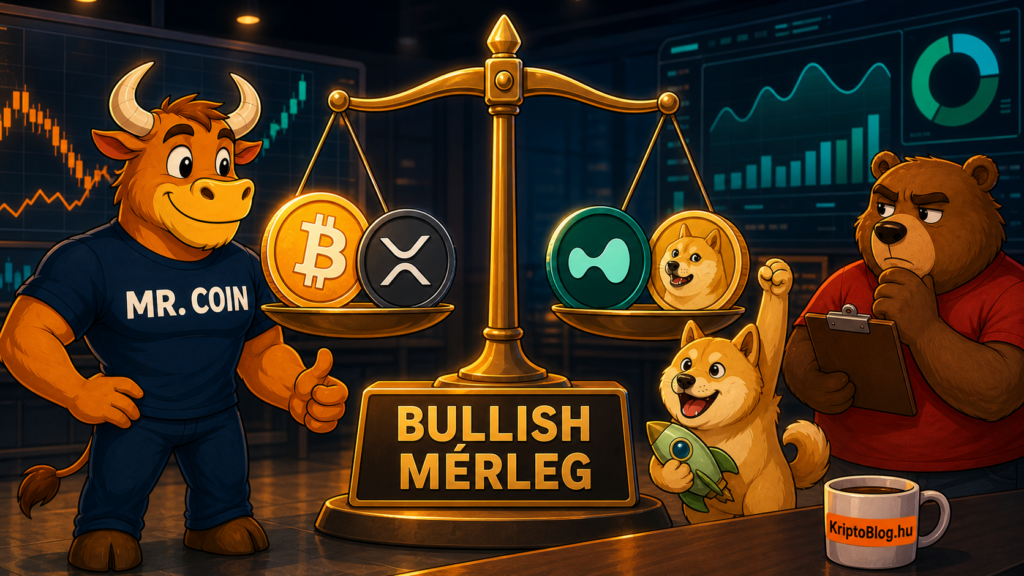 Bitcoin, Hyperliquid, XRP es DOGE piaci merleg illusztracio KriptoBlog.hu brandjelzessel