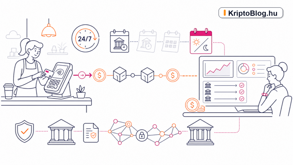 KriptoBlog.hu borítókép Mastercard on-chain settlement stablecoin elszámolás és mindig elérhető pénzügyi infrastruktúra illusztráció