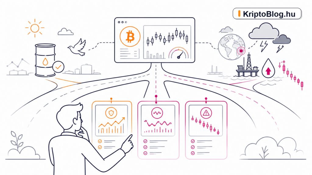 Bitcoin árfolyam forgatókönyvek geopolitikai feszültség olajár és makrokockázat illusztráció KriptoBlog.hu brandjelzéssel