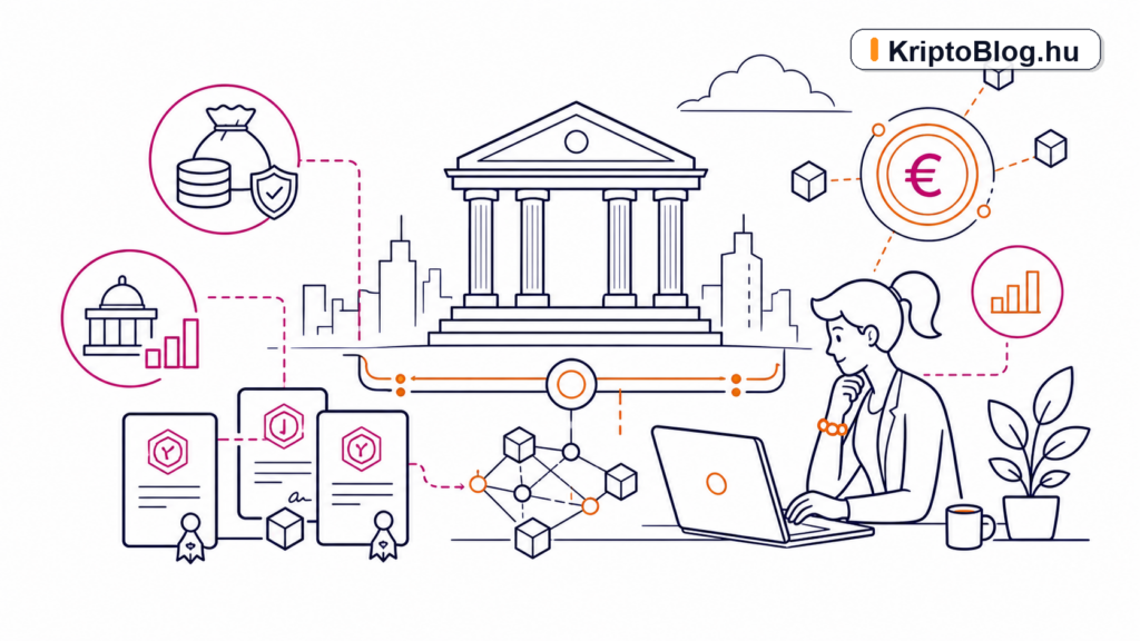 Európai központi bank tokenizáció tőkepiaci infrastruktúra és euro stablecoin elszámolási sínek illusztráció KriptoBlog.hu brandjelzéssel