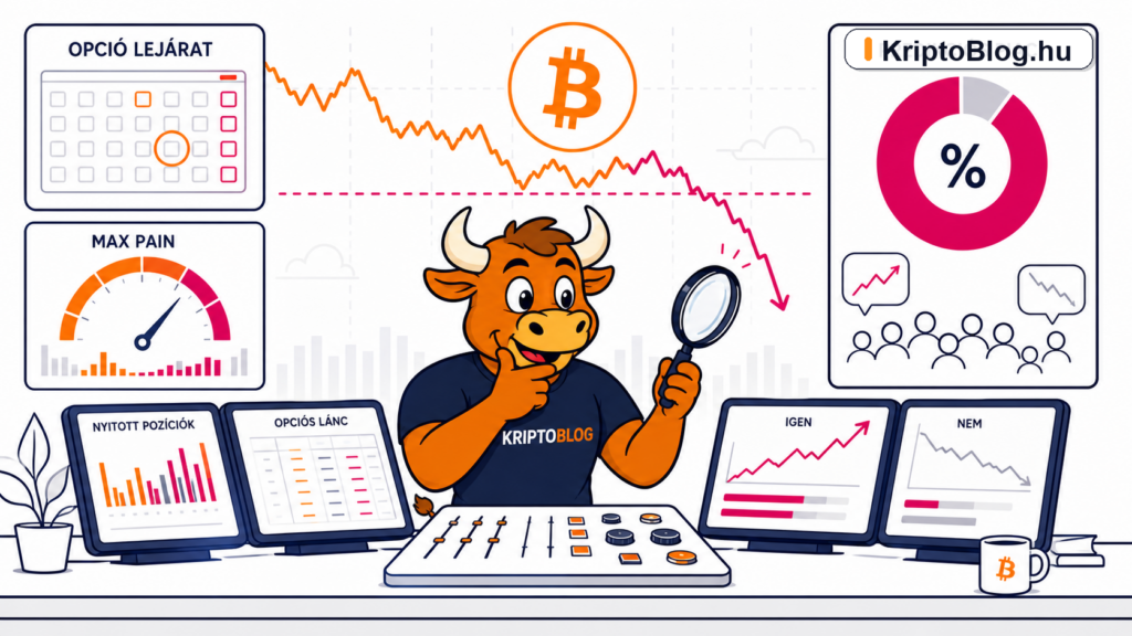 Bitcoin opciós lejárat Deribit predikciós piac Polymarket és kereskedési jelzések illusztráció KriptoBlog.hu brandjelzéssel