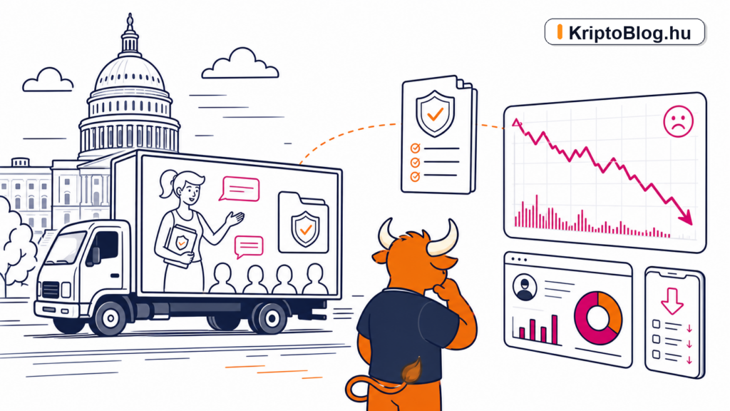Washingtoni kriptoszabályozási lobbi mobil hirdetőkocsi és XRP piaci reakció illusztráció KriptoBlog.hu brandjelzéssel
