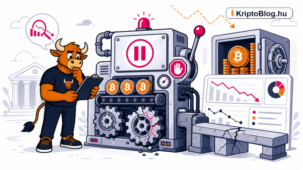 Vállalati Bitcoin treasury gépezet megállított finanszírozási kar és repedő piaci modell illusztráció KriptoBlog.hu brandjelzéssel