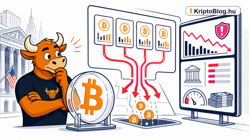 Bitcoin ETF kiáramlási grafikon Wall Street alapkezelői stresszteszt és piaci korrekció illusztráció KriptoBlog.hu brandjelzéssel
