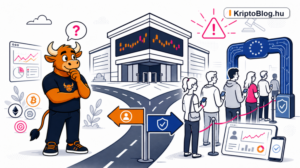 Kriptotőzsdei MiCA megfelelési kapu és felhasználói döntési helyzet Binance-paradoxon illusztráció KriptoBlog.hu brandjelzéssel
